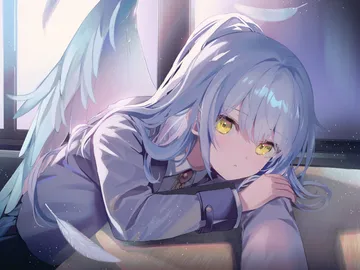 Konachan.com 385157 angel beats! close feathers gray hair kanda done long hair ponytail school unifo