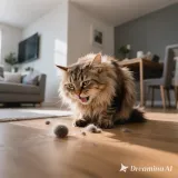jimeng 2025 07 03 341 一只长毛家猫处于干呕状态，地上有毛球，蹲伏在现代家居地板上，张口、舌头稍微伸出、眼神痛苦，呈现出焦虑与不适的氛围。画面写实、自然光线，分辨率高清。